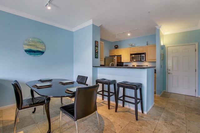 dining area featuring ornamental molding, track lighting, and baseboards