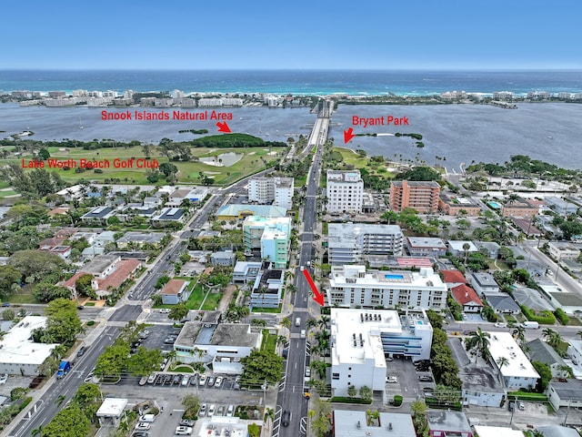 drone / aerial view with a water view