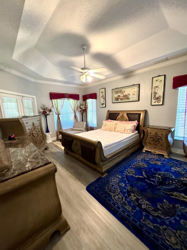 bedroom with a raised ceiling, multiple windows, and crown molding