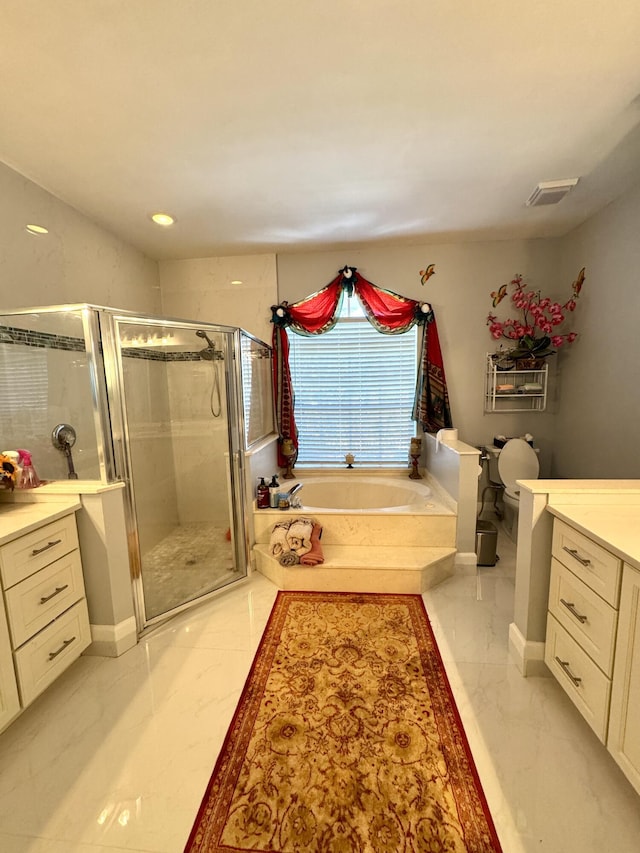 full bath featuring marble finish floor, visible vents, vanity, a shower stall, and a bath