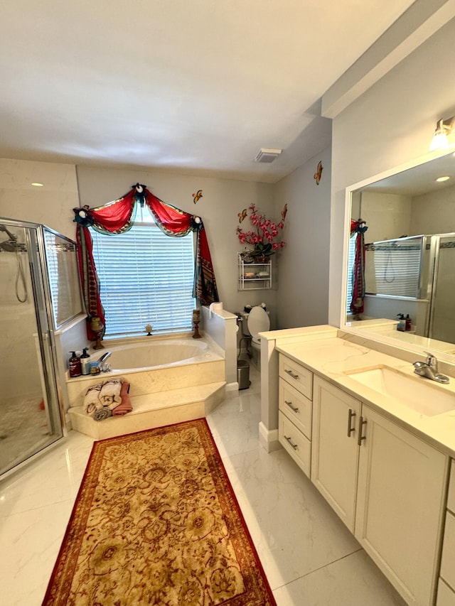 full bathroom featuring a garden tub, vanity, visible vents, marble finish floor, and a stall shower