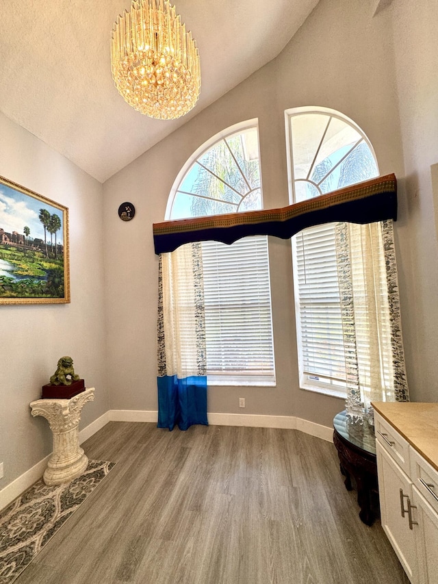 interior space with lofted ceiling, a notable chandelier, wood finished floors, and a healthy amount of sunlight