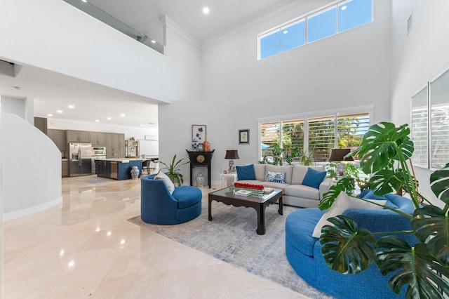 living room with crown molding, a high ceiling, a healthy amount of sunlight, and recessed lighting