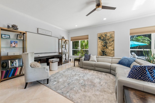 tiled living room with recessed lighting, a ceiling fan, and crown molding