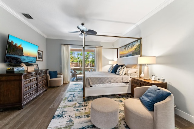 bedroom with access to exterior, visible vents, wood finished floors, and ornamental molding