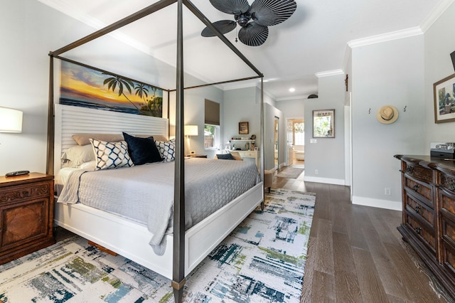 bedroom with baseboards, ceiling fan, wood finished floors, and crown molding