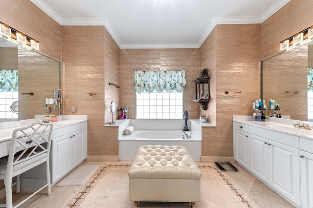 bathroom with crown molding, two vanities, and a sink