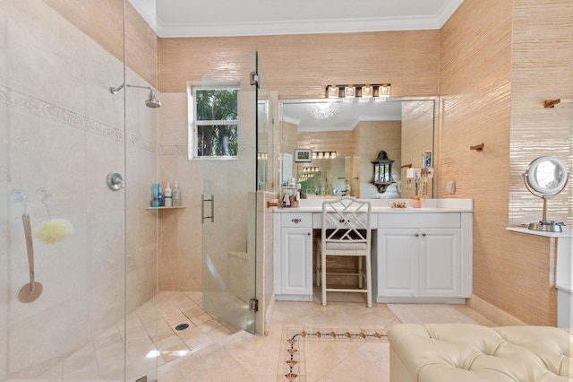 full bath featuring a stall shower, tile patterned floors, ornamental molding, and vanity