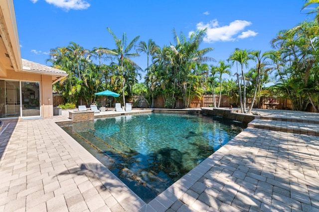 view of pool with a fenced in pool, a patio area, and a fenced backyard