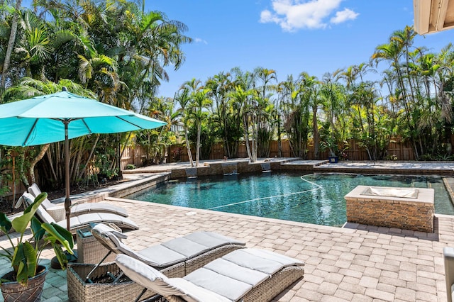 view of swimming pool featuring a fenced backyard, a fenced in pool, and a patio