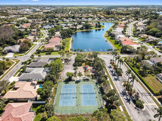 aerial view with a water view and a residential view