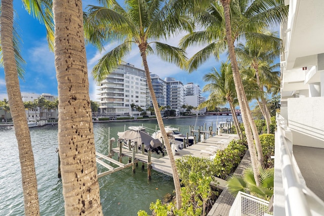 dock area featuring boat lift and a water view