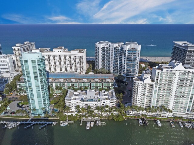 birds eye view of property featuring a view of city and a water view