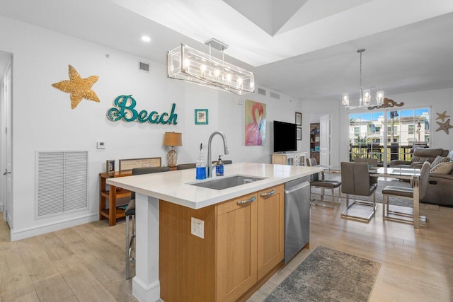 kitchen featuring light countertops, visible vents, stainless steel dishwasher, open floor plan, and a sink