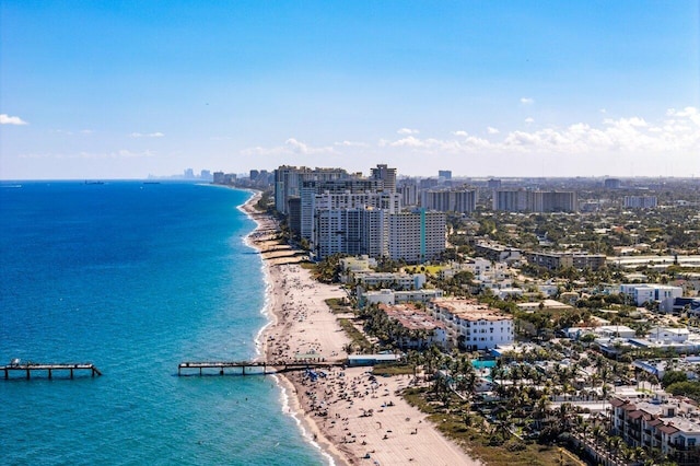 aerial view with a view of city, a beach view, and a water view