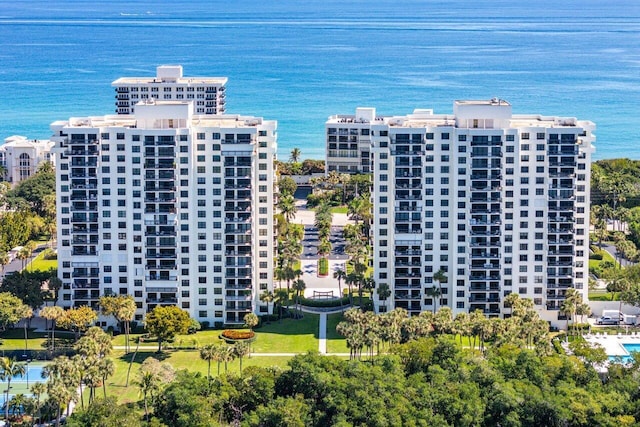 drone / aerial view featuring a water view