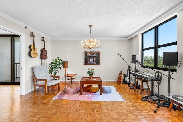 sitting room featuring baseboards, a chandelier, and a textured ceiling