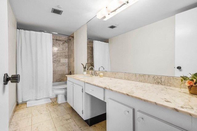 full bath featuring shower / tub combo, visible vents, vanity, and toilet