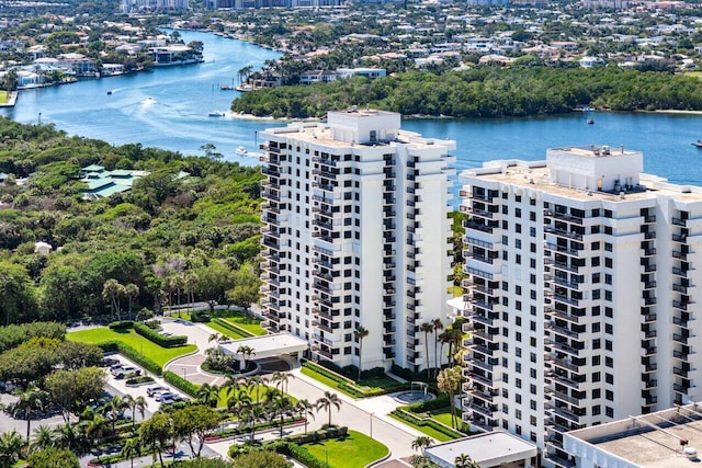 drone / aerial view with a water view