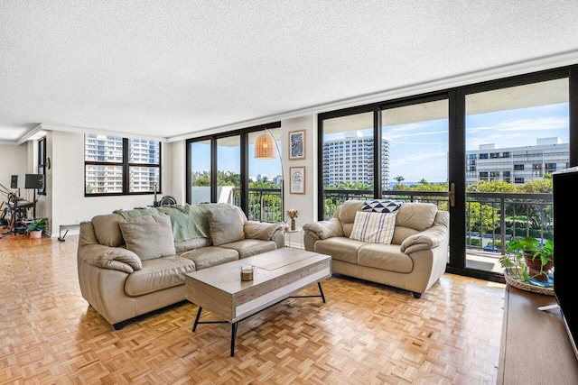 living area with a textured ceiling