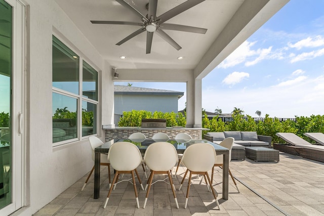 view of patio featuring ceiling fan and an outdoor hangout area