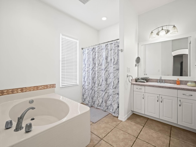 bathroom with curtained shower, a garden tub, tile patterned flooring, visible vents, and vanity