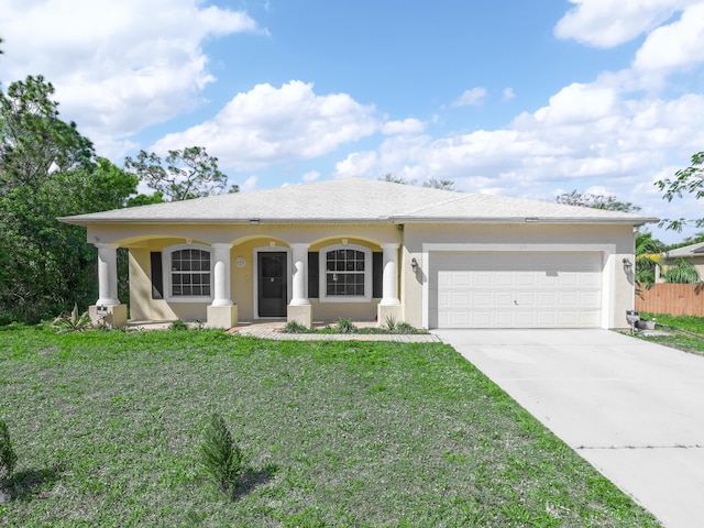 single story home featuring concrete driveway, a front lawn, an attached garage, and stucco siding