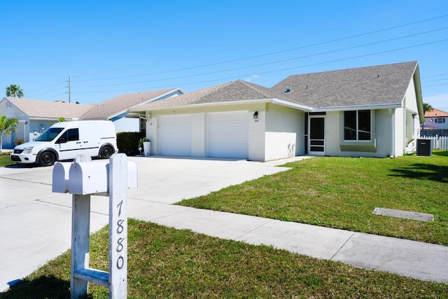 ranch-style home with stucco siding, a garage, cooling unit, driveway, and a front lawn