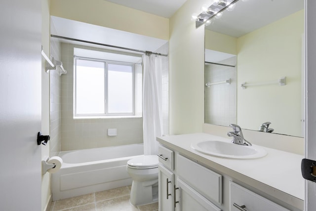 full bathroom featuring toilet, tile patterned flooring, shower / bath combo, and vanity