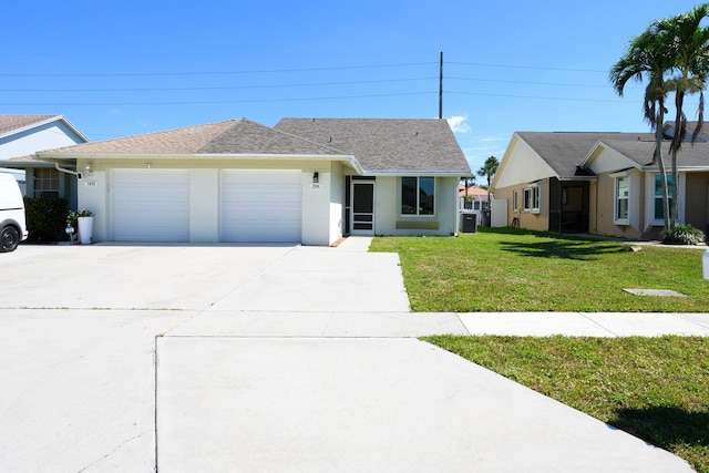 single story home featuring an attached garage, driveway, a front lawn, and stucco siding