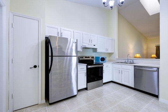 kitchen with light countertops, appliances with stainless steel finishes, white cabinets, a sink, and under cabinet range hood