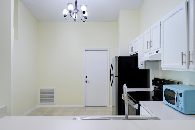 kitchen with visible vents, white cabinets, stainless steel range with electric stovetop, light countertops, and under cabinet range hood