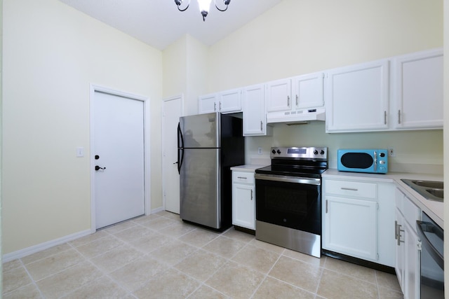 kitchen featuring white cabinets, under cabinet range hood, stainless steel appliances, and light countertops