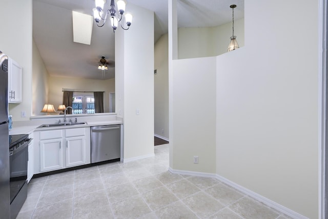 kitchen featuring black range with electric cooktop, a sink, white cabinetry, light countertops, and dishwasher