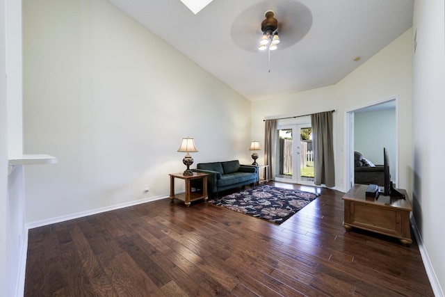 sitting room with ceiling fan, french doors, wood-type flooring, and baseboards