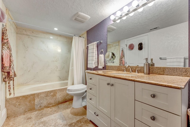 bathroom with visible vents, a textured wall, toilet, shower / bathtub combination with curtain, and a textured ceiling