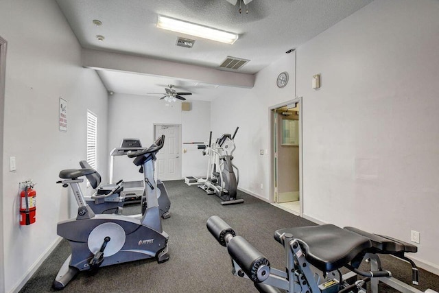 9802 Boca Gardens Cir N Unit C, Boca Raton, FL 33496 - workout room with a ceiling fan, baseboards, and a textured ceiling