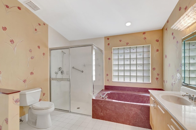 bathroom with toilet, a garden tub, a shower stall, and vanity