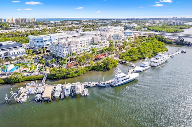 drone / aerial view with a water view and a view of city