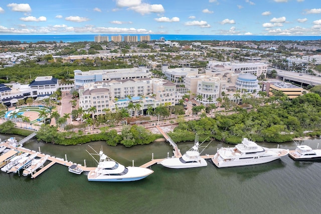 drone / aerial view featuring a water view