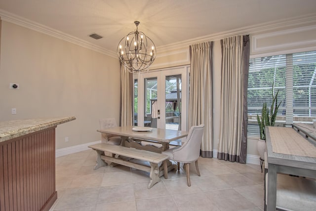 dining space with ornamental molding, visible vents, light tile patterned flooring, baseboards, and a notable chandelier