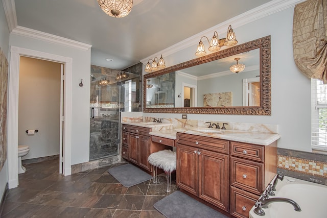 bathroom featuring crown molding, toilet, and a stall shower