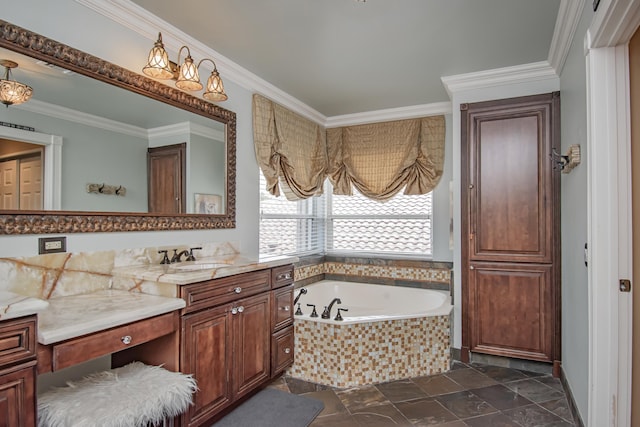 full bathroom with crown molding, a bath, stone finish floor, and vanity