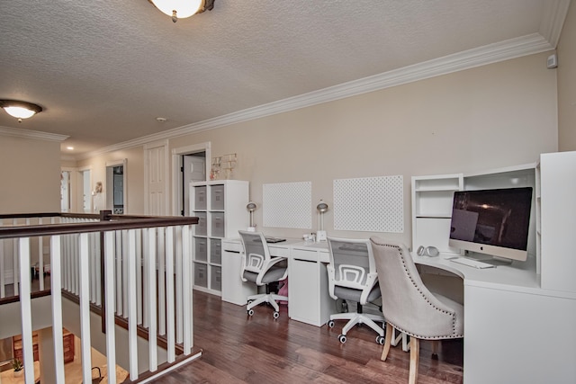 home office featuring dark wood-type flooring, a textured ceiling, and ornamental molding