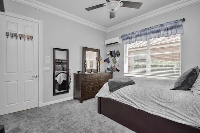 carpeted bedroom with crown molding, a wall unit AC, baseboards, and a ceiling fan