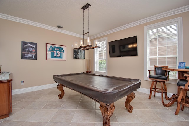 game room featuring light tile patterned floors, pool table, ornamental molding, and baseboards