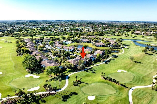 bird's eye view featuring a residential view, a water view, and view of golf course