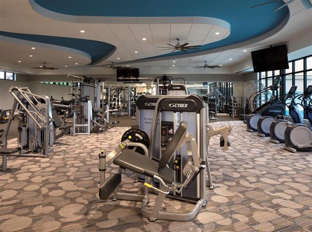 7290 Clunie Pl Unit 14404, Delray Beach, FL 33446 - workout area featuring ceiling fan, carpet floors, healthy amount of natural light, and recessed lighting