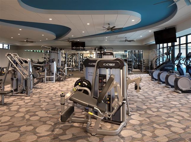 workout area featuring a wealth of natural light, carpet floors, and ceiling fan