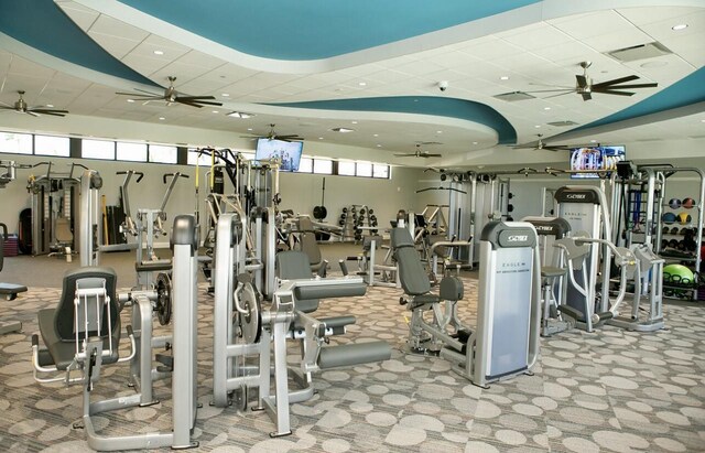 7290 Clunie Pl Unit 14404, Delray Beach, FL 33446 - exercise room with ceiling fan and carpet flooring